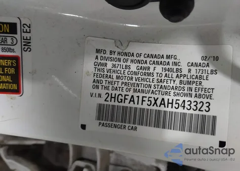 2010 Honda Civic Lx z USA, uszkodzony, nr VIN 2HGFA1F5XAH543323